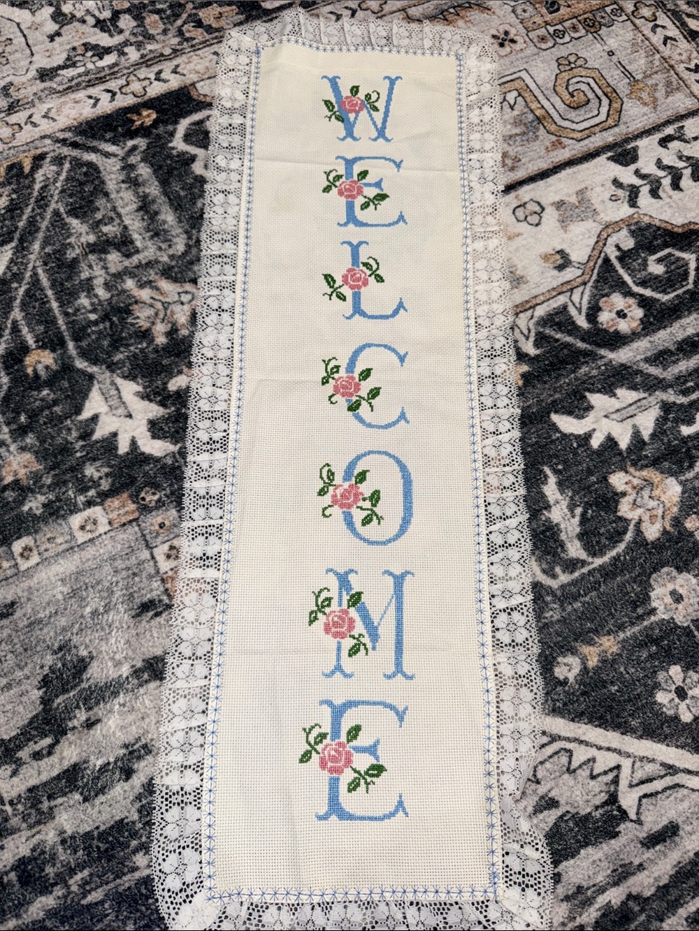 Welcome Cross-Stitch Wall Hanging with Lace Trim - Brand New - granny cottage